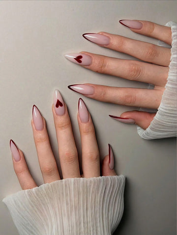 1 Set (24pcs) Medium Almond Shaped Nail Stickers, Burgundy French Manicure, Red Heart Pattern