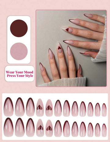 1 Set (24pcs) Medium Almond Shaped Nail Stickers, Burgundy French Manicure, Red Heart Pattern