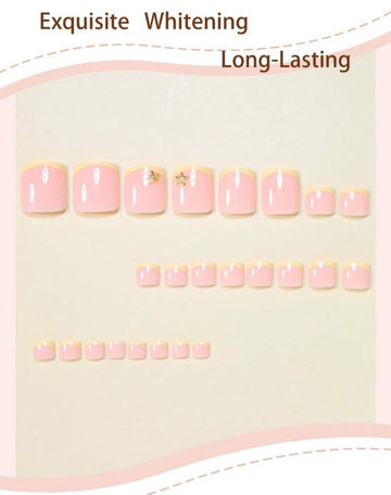 24pcs Short Square Pressed Fake Nails Set, Minimalist 3D Gold Star & Yellow French Full Cover