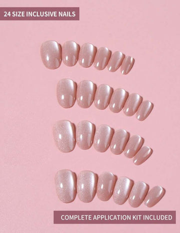 24pcs Y2K Short Oval Lotus Pink Cat Eye Press-On Nails, Acrylic Fake Nail Set, Includes 1pc Jelly Glue And 1pc Nail File, Suitable For DIY Use