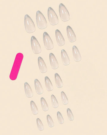 24pcs Almond Shaped False Nail With Silver Glitter French Nail Art Design, Pearl Powder Punk Style, Including False Nails, Jelly Glue And Nail File Long Nails Press On Nails Nail Supplies