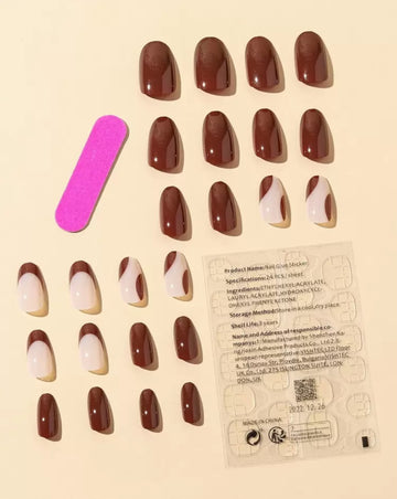 Get Glamorous With 24pcs Long Almond Brown Solid French Color Block Fake Nail & 1sheet Tape & 1pc Nail File Press On Nails Nail Supplies