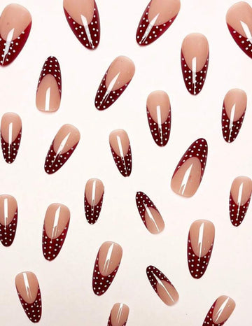 24pcs Burgundy French Polka Dot Almond Shaped Soft Full Coverage Press-On Artificial Nails, Suitable For Parties, Dates And Daily Wear Nail Supplies