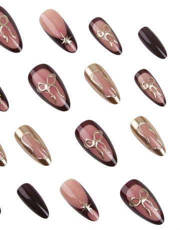 24pcs Burgundy Medium Almond Shaped Press-On Nails, Gold Foil French Bow, 3D Metal Star Decor, Red-Brown Blush Gradient Glossy Finish