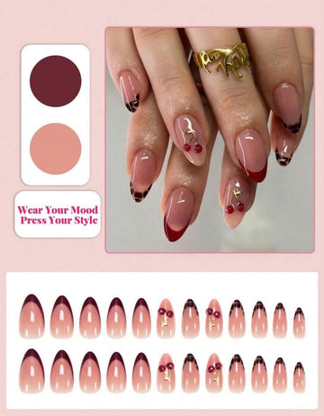 24pcs Medium Almond Shape Nail Stickers, Leopard Print French Manicure