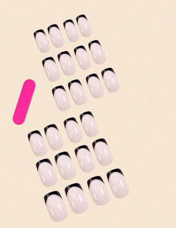 24Pcs Black Square French Manicure False Nails With Nail File & Glue - Medium Length Press On Nails Nail Supplies Nails