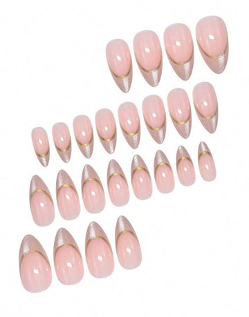 24pcs Almond Shaped 3D Gold Plated French Press-On Fake Nails, Glitter Cat Eye Gold Trim French Nail Set