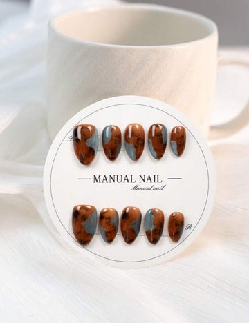 JUTI Short Almond Shape Press-On Nails, 100% Handmade, Hand Painted Amber Tortoiseshell Smoke & Gray Blue Cat Eye Splice