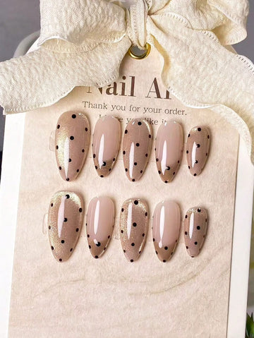 10 Pieces Of Handmade Almond Nail Stickers In Champagne Color, Cat Eye Design, French Style