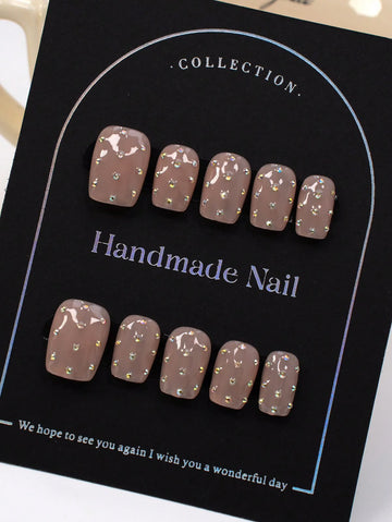 100% Handmade Short Square Y2K Press-On Nails For Summer. Glossy Nude Base With Hand-Painted Black-White Polka Dots And Gradient Black-Silver Beads. Cute Minimalist Style For Daily Wear & Summer Outings, Matching Y2K Girly Fits