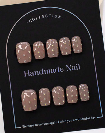 100% Handmade Short Square Y2K Press-On Nails For Summer. Glossy Nude Base With Hand-Painted Black-White Polka Dots And Gradient Black-Silver Beads. Cute Minimalist Style For Daily Wear & Summer Outings, Matching Y2K Girly Fits