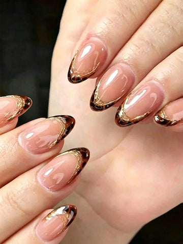 Leopard Print Gold Line French Minimalist Style 24pcs Medium Almond & Pointed Shape Press-On Nails, Fake Nail Tips, Nail Stickers, Y2K Nails