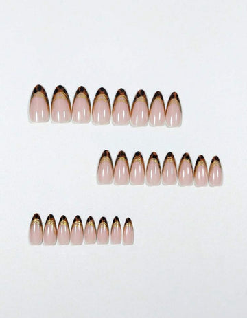 Leopard Print Gold Line French Minimalist Style 24pcs Medium Almond & Pointed Shape Press-On Nails, Fake Nail Tips, Nail Stickers, Y2K Nails