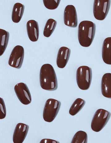 24pcs Short Oval Chocolate Brown Glossy Nail Tips Set, Includes: 1pc Jelly Glue And 1pc Nail File Nails