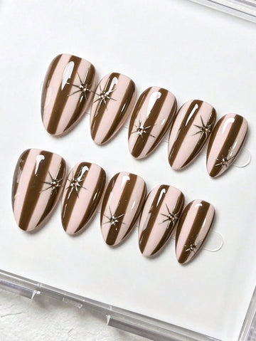 10PCS Handmade Medium Almond Press On Nails, Pink Coffee Brown Striped Fake Nails With Starburst Rhinestone Charms