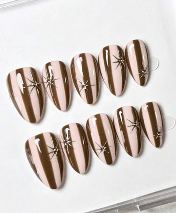 10PCS Handmade Medium Almond Press On Nails, Pink Coffee Brown Striped Fake Nails With Starburst Rhinestone Charms