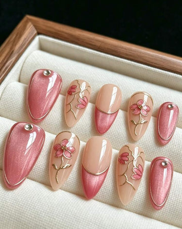 qihangxin 10pcs Handmade Press-On Nails Long/Medium Purple-Red Glass Cat Eye 3D Gold Edge Red Flower Rhinestone