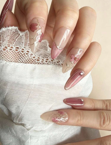 qihangxin 10pcs Handmade Press-On Nails Long/Medium Purple-Red Glass Cat Eye 3D Gold Edge Red Flower Rhinestone