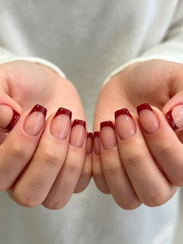 24pcs Summer Short Square Elegant Burgundy Edge Striped French Nude Pink Glossy Artificial Nails