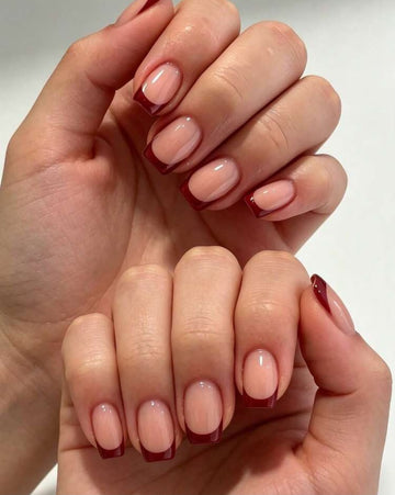 24pcs Summer Short Square Elegant Burgundy Edge Striped French Nude Pink Glossy Artificial Nails