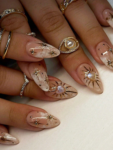 24pcs Medium Almond Shape Elegant Fresh Nude Press-On Nails, 3D Gold Star Polka Dot Rhinestone Decor, Shiny Heart Glitter Pattern