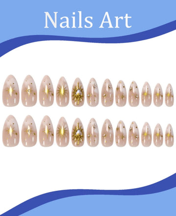 24pcs Medium Almond Shape Elegant Fresh Nude Press-On Nails, 3D Gold Star Polka Dot Rhinestone Decor, Shiny Heart Glitter Pattern