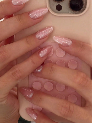24pcs Long Almond-Shaped White Polka Dot Glitter Acrylic Nail Stickers, Perfect For Short Nails, Set Includes: 1pc Jelly Gel And 1pc Nail File