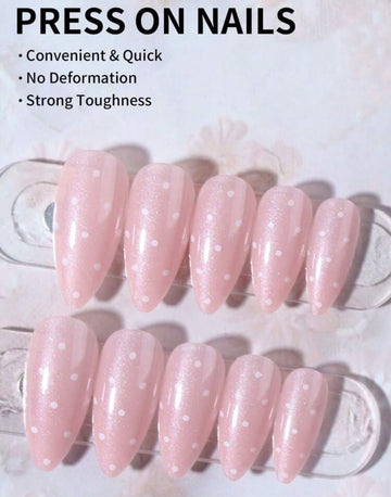 24pcs Long Almond-Shaped White Polka Dot Glitter Acrylic Nail Stickers, Perfect For Short Nails, Set Includes: 1pc Jelly Gel And 1pc Nail File