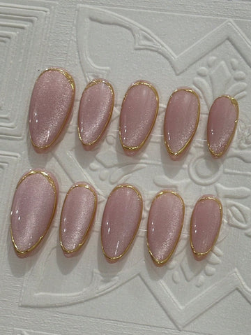 10Pcs Handmade Almond-Shaped Fake Nails With Pink Cat Eye & Shiny Gold Mirrored Powder, Fashionable And Upscale Press On Nails Nail Supplies Nails Handmade Press On Nails