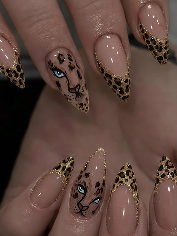 24pcs Almond Press-On Nails, Brown Cheetah Print French Manicure, Gold Glitter, Cute Embossed False Nails