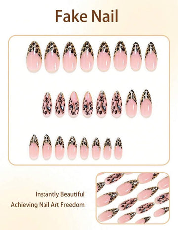 24pcs Almond Press-On Nails, Brown Cheetah Print French Manicure, Gold Glitter, Cute Embossed False Nails