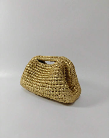 SHEIN BAE Women's Metal Woven Handle Clutch, Handmade Crochet Shiny Evening Handbag, Fashion Hollow Handle Wedding Party Banquet Purse