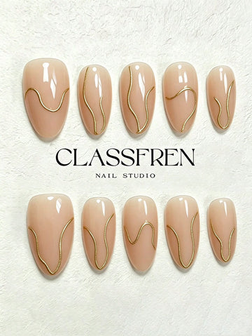 10pcs Press-On Nails, Nude Milk Tea Color With Asymmetrical Metallic Lines.