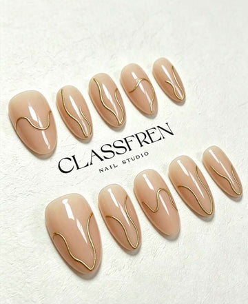 10pcs Press-On Nails, Nude Milk Tea Color With Asymmetrical Metallic Lines.