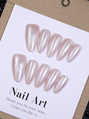 Press-On Nail Tips, Fairy Glitter Metallic Silver Snowflake Light Nude False Nails, 10pcs Almond Shape Nail Tips.