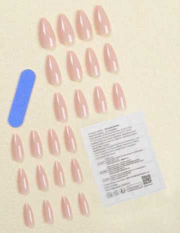 Get Glamorous With 24pcs Long Almond Nude Solid Color Shape Nude Summer Wear Fake Nail Set With 1pc Nail File And 1pc Jelly Glue, Suitable For Women And Girls Press On Nails Nail Supplies