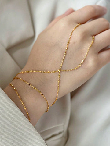 1pc Fashionable 18k Gold Plated Stainless Steel Unique Vintage Style Finger-To-Wrist Chain Link Bracelet