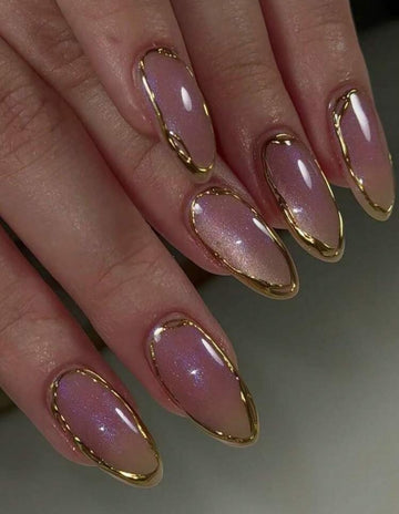 10Pcs Handmade Almond-Shaped Fake Nails With Pink Cat Eye & Shiny Gold Mirrored Powder, Fashionable And Upscale Press On Nails Nail Supplies Nails Handmade Press On Nails
