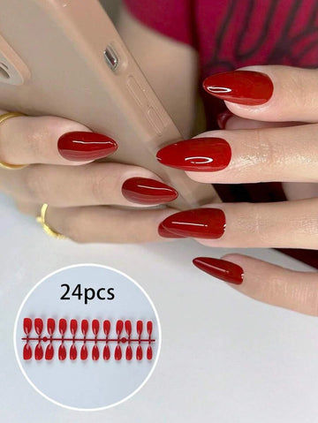 24pcs Long Almond Red Solid Color Glossy Fake Nail & 1pc Nail File & 1sheet Tape