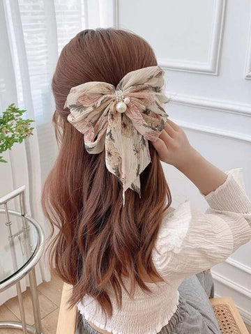 Floral Print Bow & Faux Pearl Decor French Clip