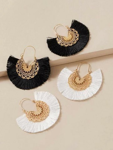 2pairs Hollow Out Flower Pattern Fringe Drop Earrings