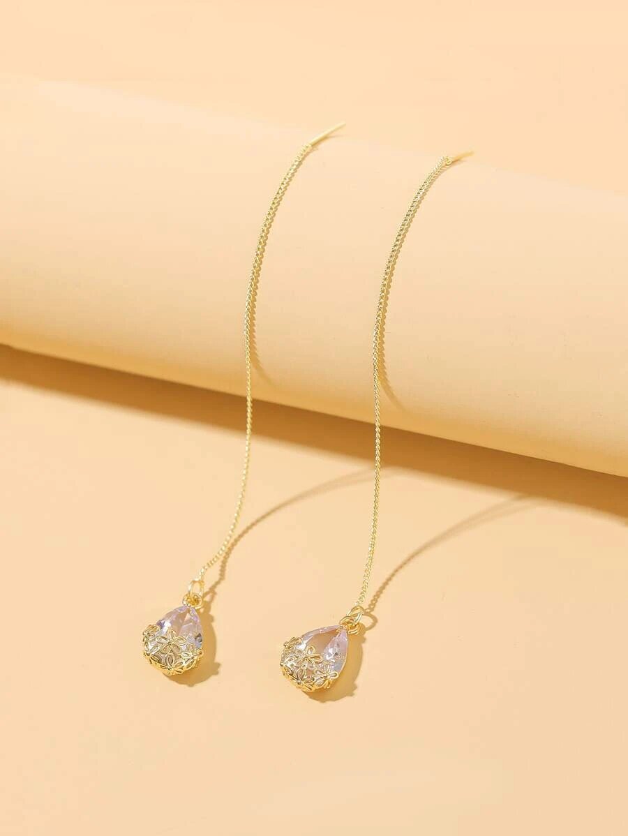 Rhinestone Waterdrop Threader Earrings