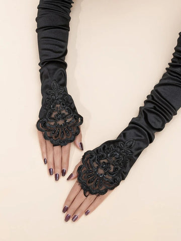 Bead Decor Flower Embroidered Long Fingerless Gloves
