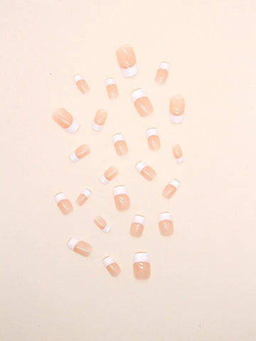 24pcs Long Square French Jelly Pink Fake Nail With Milk White Edge Decal, Press-On Manicure, Gel Nail Kit