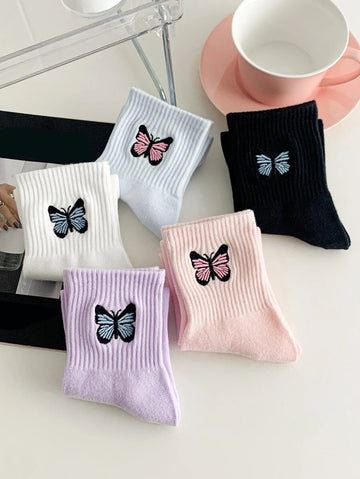 5pairs Butterfly Embroidery Fashion Crew Socks