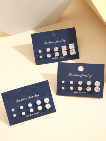 15pairs Cubic Zirconia & Faux Pearl Decor Stud Earrings