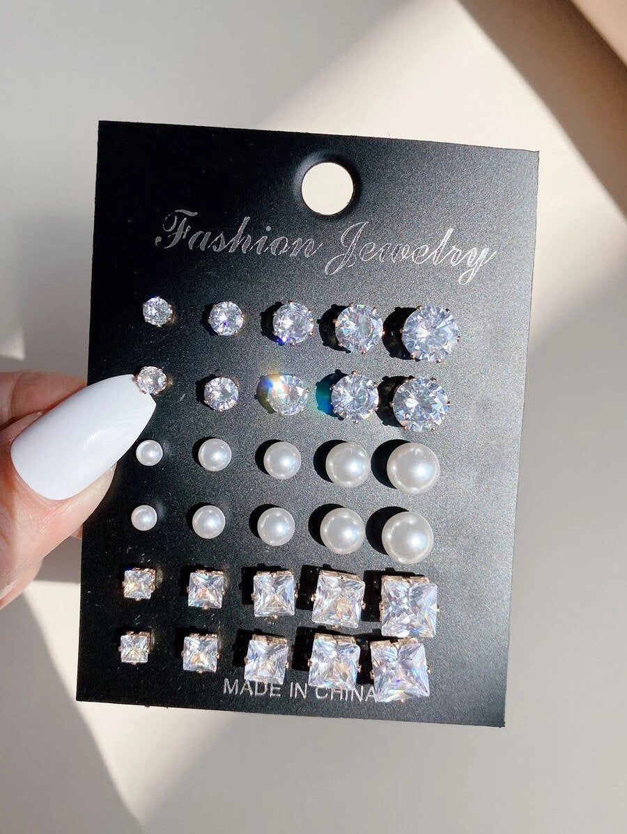 15pairs Cubic Zirconia & Faux Pearl Decor Stud Earrings